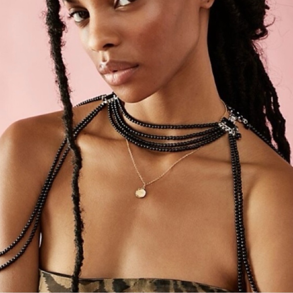 Free People Too Late Black Pearl Chocker Shoulder Necklace NWT